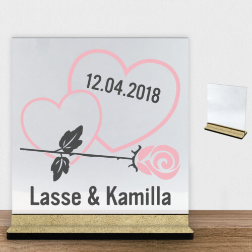 Hjerter m. rose design 2 | Glasskilt inkl. fod (træfiber)