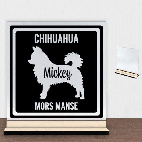 MyPets Chihuahua (langhåret) | Glasskilt inkl. fod (poppel krydsfinér)