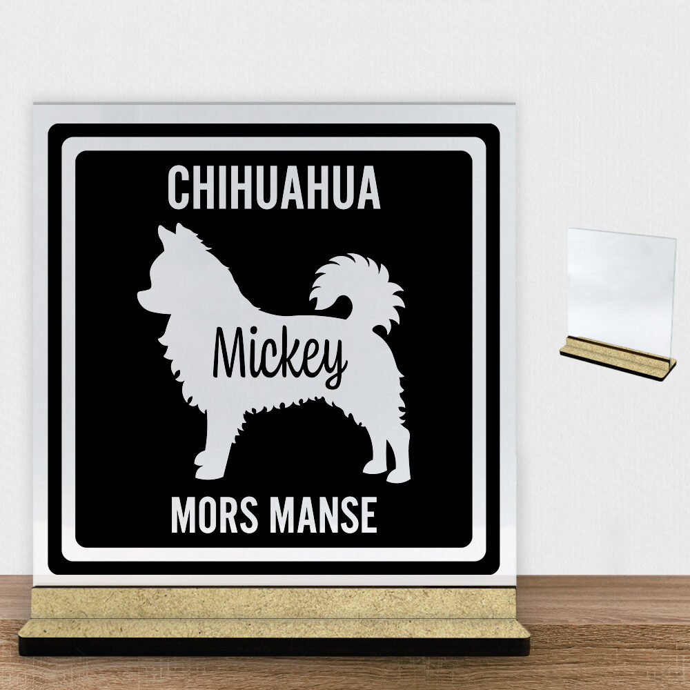 MyPets Chihuahua (langhåret) | Glasskilt inkl. fod (træfiber)