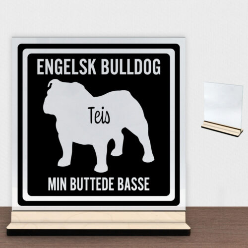 MyPets Engelsk Bulldog | Glasskilt inkl. fod (poppel krydsfinér)