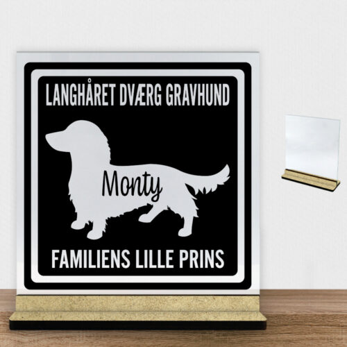 MyPets Langhåret Dværg Gravhund | Glasskilt inkl. fod (træfiber)