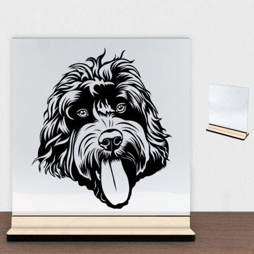 DogFace Cockerpoo | Glasskilt inkl. fod (poppel krydsfinér)