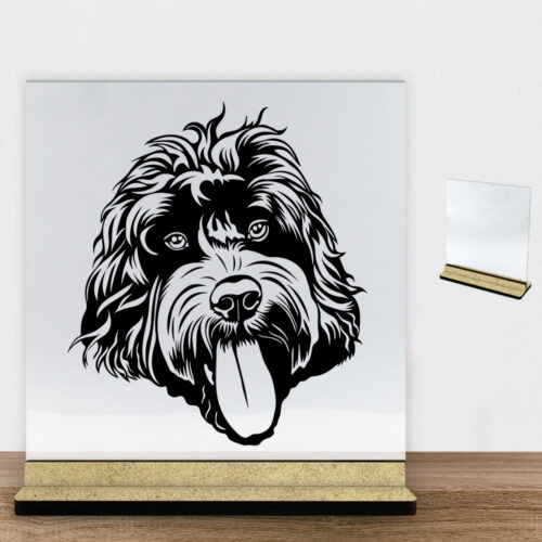 DogFace Cockerpoo | Glasskilt inkl. fod (træfiber)
