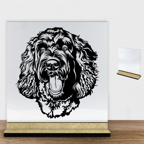 DogFace Labradoodle | Glasskilt inkl. fod (træfiber)