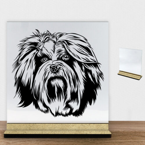 DogFace Lhasa Apso | Glasskilt inkl. fod (træfiber)
