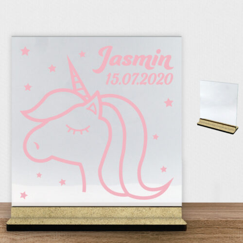 Enhjørning design 3 | Glasskilt inkl. fod (træfiber)