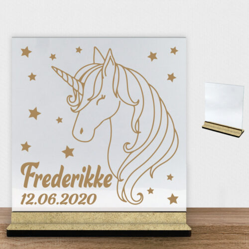 Enhjørning design 11 | Glasskilt inkl. fod (træfiber)