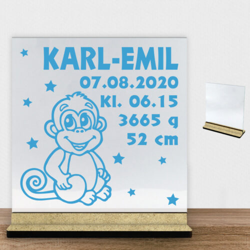 Aben Alvin m. fødselsdata | Glasskilt inkl. fod (træfiber)