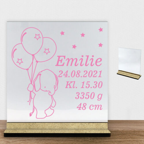 Elefanten Elaf m. fødselsdata | Glasskilt inkl. fod (træfiber)