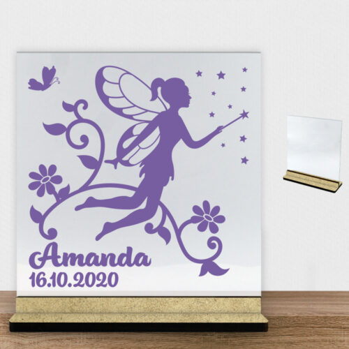 Flowering Fairy design 12 m. eget navn & dato | Glasskilt inkl. fod (træfiber)