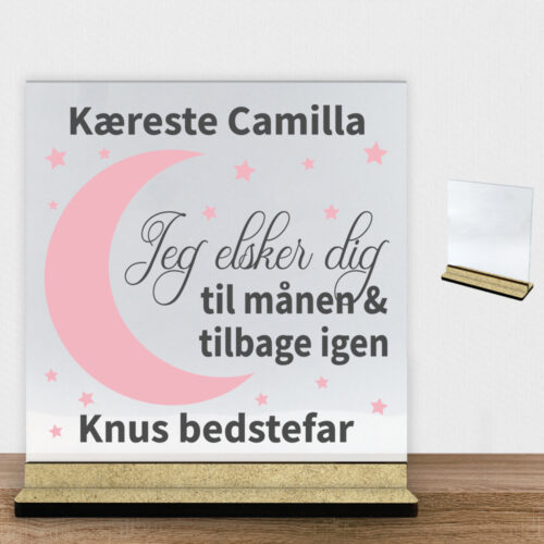 Elsker dig til månen & tilbage | Glasskilt inkl. fod (træfiber)