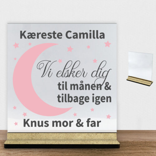 Alternative view of Elsker dig til månen & tilbage | Glasskilt inkl. fod (træfiber)