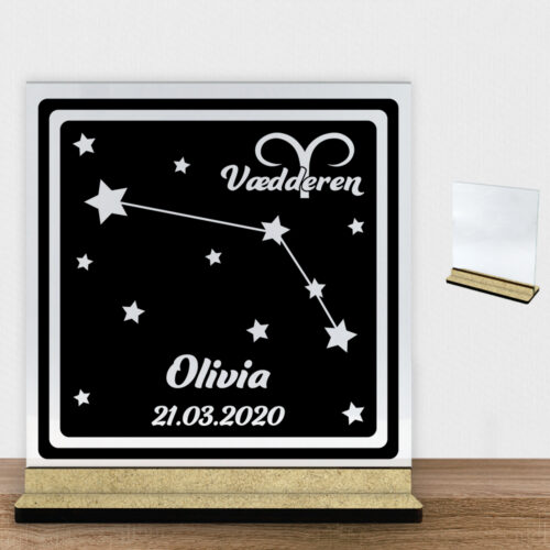 Stjernetegn "look at the stars" - Vædderen | Glasskilt inkl. fod (træfiber)