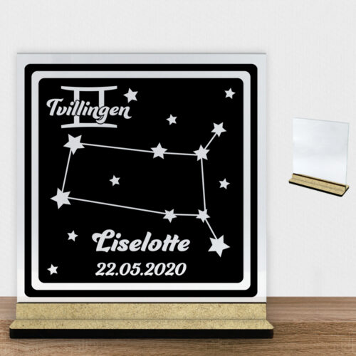 Stjernetegn "look at the stars" - Tvillingen | Glasskilt inkl. fod (træfiber)