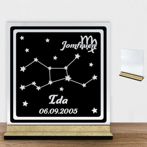 Stjernetegn "look at the stars" - Jomfruen | Glasskilt inkl. fod (træfiber)