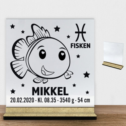 Stjernetegn design 2 - Fisken | Glasskilt inkl. fod (træfiber)