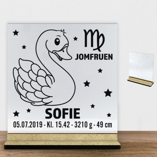 Stjernetegn design 2 - Jomfruen | Glasskilt inkl. fod (træfiber)