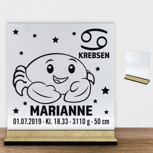 Stjernetegn design 2 - Krebsen | Glasskilt inkl. fod (træfiber)