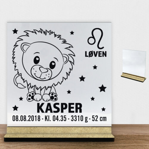 Stjernetegn design 2 - Løven | Glasskilt inkl. fod (træfiber)