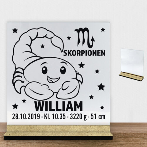 Stjernetegn design 2 - Skorpionen | Glasskilt inkl. fod (træfiber)