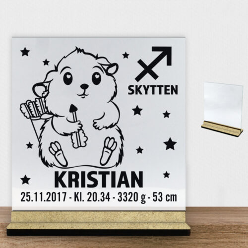 Stjernetegn design 2 - Skytten | Glasskilt inkl. fod (træfiber)