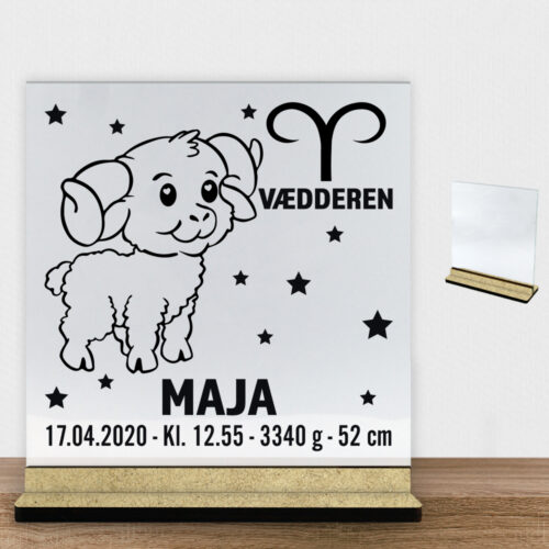 Stjernetegn design 2 - Vædderen | Glasskilt inkl. fod (træfiber)