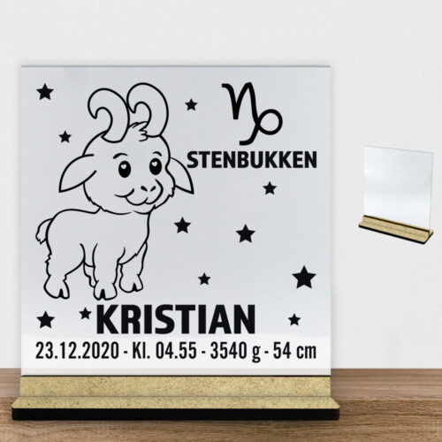Stjernetegn design 2 - Stenbukken | Glasskilt inkl. fod (træfiber)