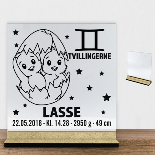 Stjernetegn design 2 - Tvillingerne | Glasskilt inkl. fod (træfiber)