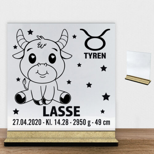 Stjernetegn design 2 - Tyren | Glasskilt inkl. fod (træfiber)