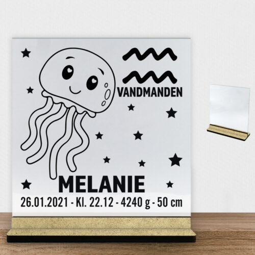 Stjernetegn design 2 - Vandmanden | Glasskilt inkl. fod (træfiber)