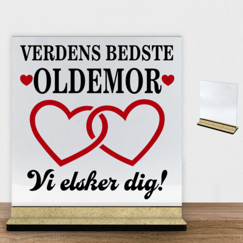 Alternative view of Verdens bedste oldemor - design 2 | Glasskilt inkl. fod (træfiber)