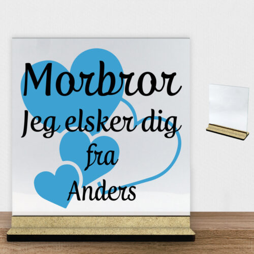 Morbror jeg elsker dig m. hjerter | Glasskilt inkl. fod (træfiber)
