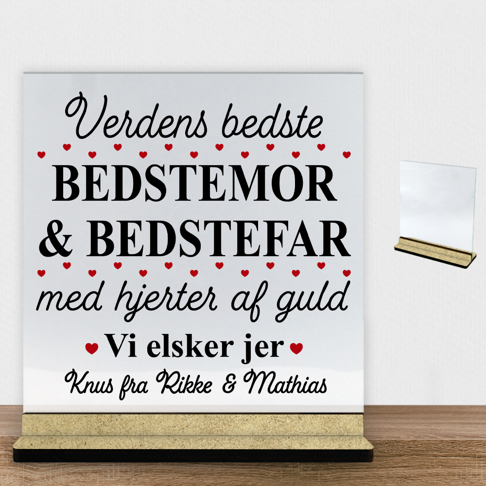Verdens bedste bedstemor & bedstefar #1 | Glasskilt inkl. fod (træfiber) - Billede 2
