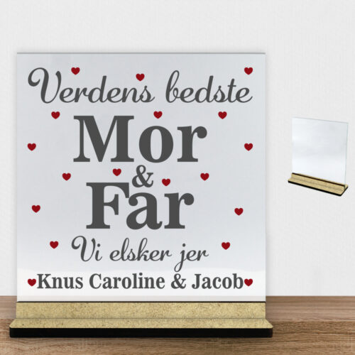 Alternative view of Verdens bedste mor & far | Glasskilt inkl. fod (træfiber)