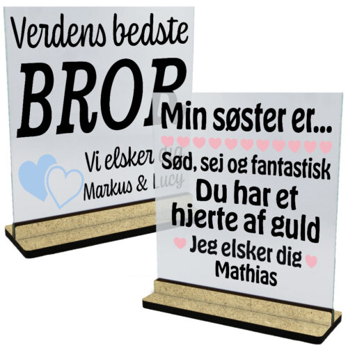 Børn, børnebørn & søskende | Glasskilte inkl. fod (træfiber)