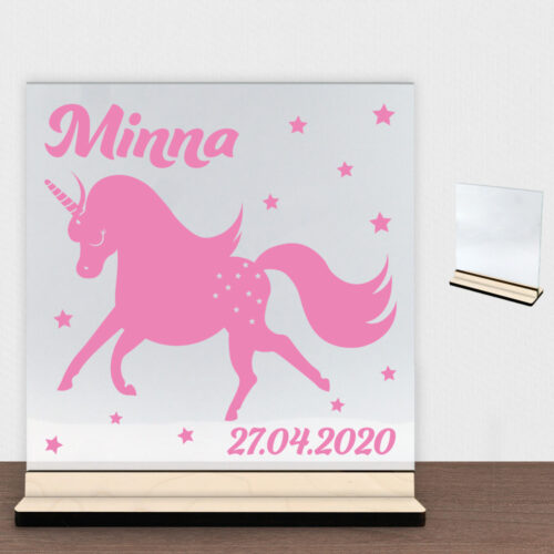 Enhjørning design 1 | Glasskilt inkl. fod (poppel krydsfinér)