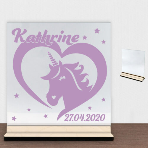 Enhjørning design 2 | Glasskilt inkl. fod (poppel krydsfinér)