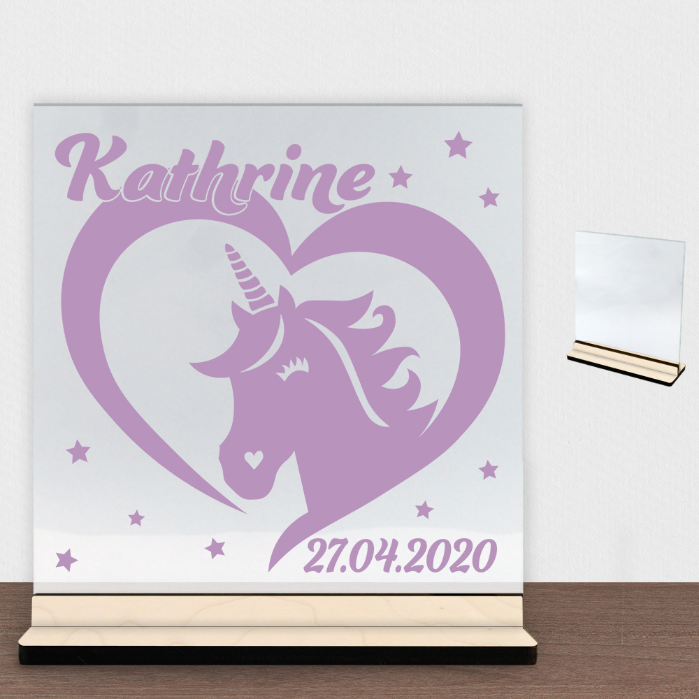 Enhjørning design 2 | Glasskilt inkl. fod (poppel krydsfinér)