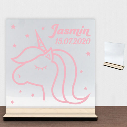 Enhjørning design 3 | Glasskilt inkl. fod (poppel krydsfinér)