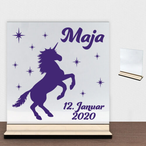 Enhjørning design 10 | Glasskilt inkl. fod (poppel krydsfinér)