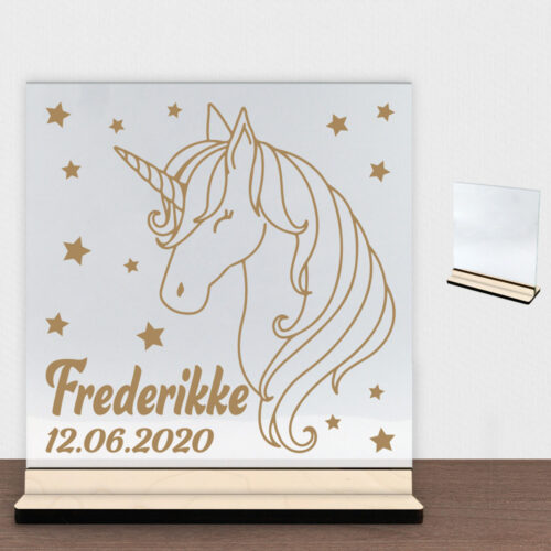 Enhjørning design 11 | Glasskilt inkl. fod (poppel krydsfinér)