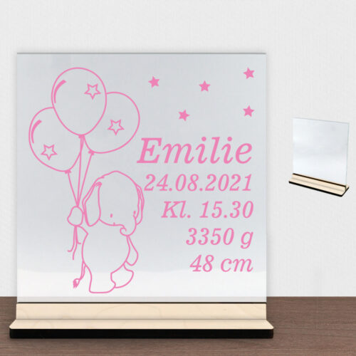 Elefanten Elaf m. fødselsdata | Glasskilt inkl. fod (poppel krydsfinér)