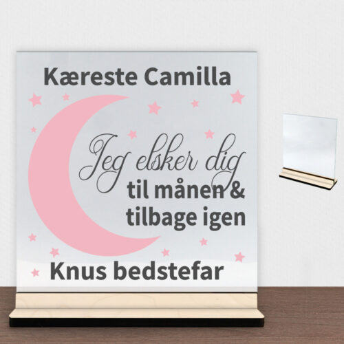 Elsker dig til månen & tilbage | Glasskilt inkl. fod (poppel krydsfinér)