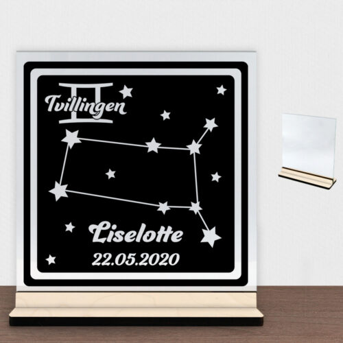Stjernetegn "look at the stars" - Tvillingen | Glasskilt inkl. fod (poppel krydsfinér)
