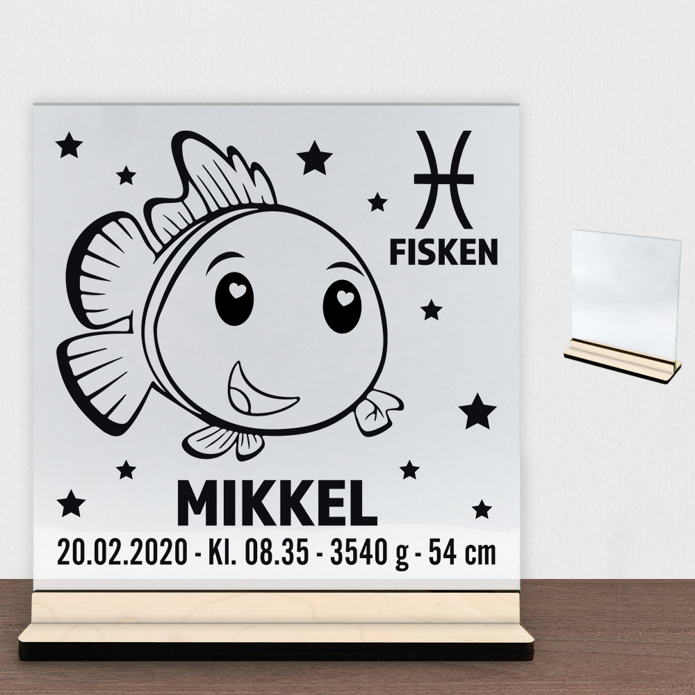Stjernetegn design 2 - Fisken | Glasskilt inkl. fod (poppel krydsfinér)