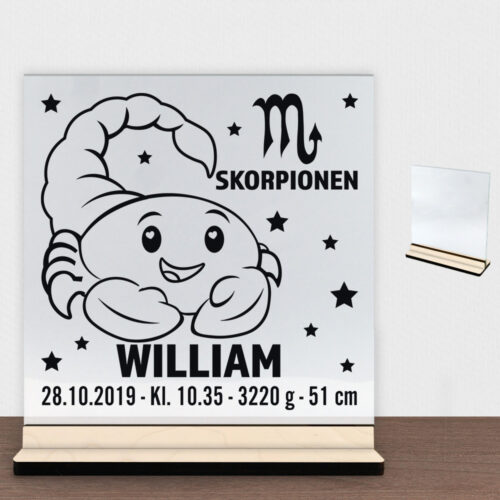 Stjernetegn design 2 - Skorpionen | Glasskilt inkl. fod (poppel krydsfinér)