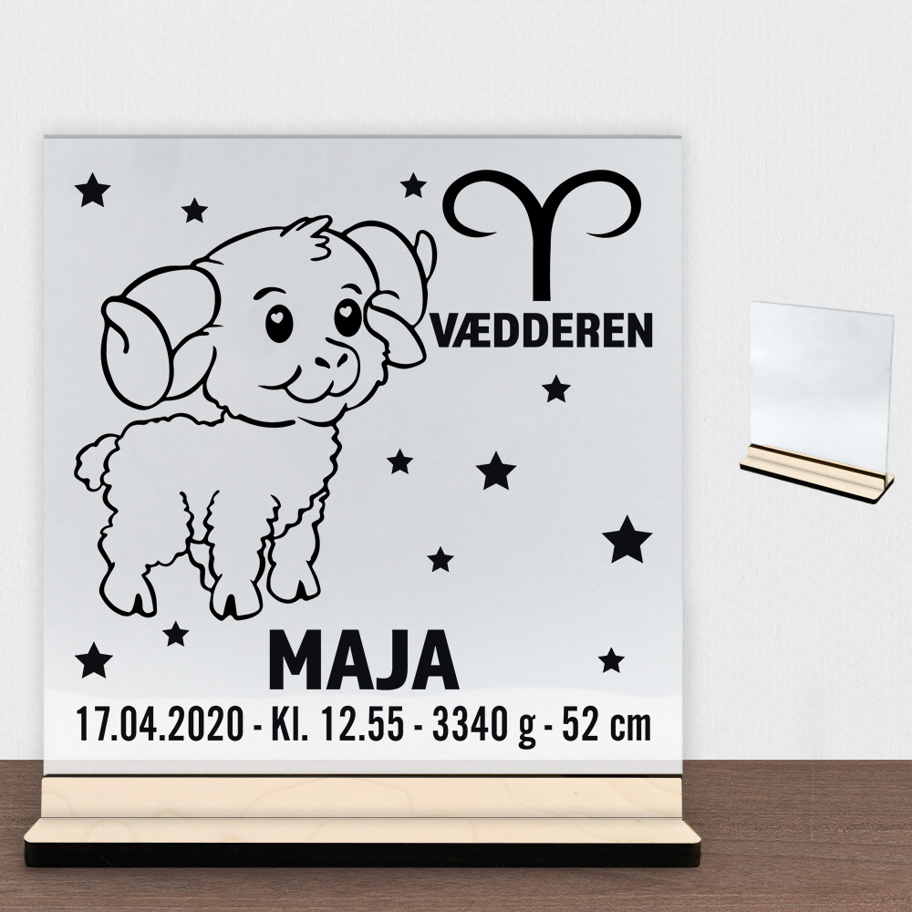 Stjernetegn design 2 - Vædderen | Glasskilt inkl. fod (poppel krydsfinér)