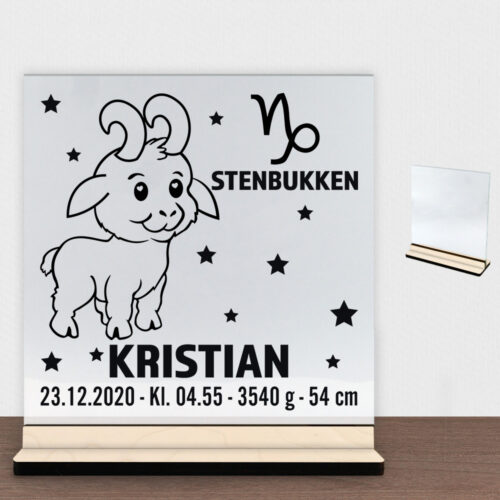 Stjernetegn design 2 - Stenbukken | Glasskilt inkl. fod (poppel krydsfinér)