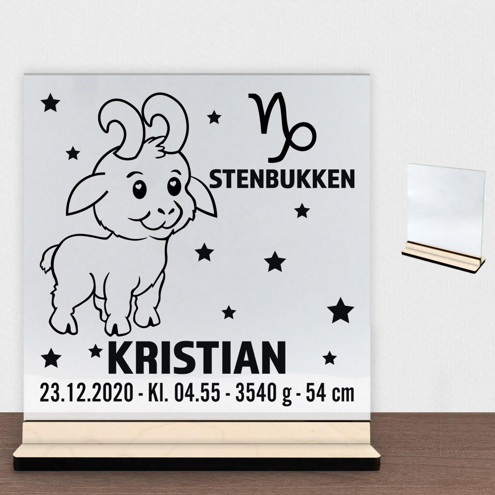 Stjernetegn design 2 - Stenbukken | Glasskilt inkl. fod (poppel krydsfinér)