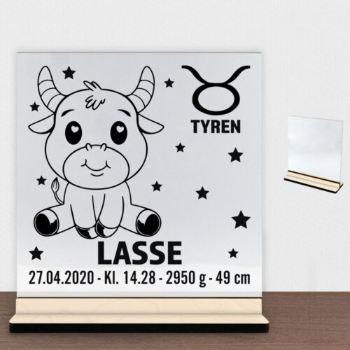 Stjernetegn design 2 - Tyren | Glasskilt inkl. fod (poppel krydsfinér)